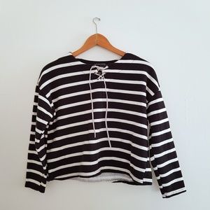 Lace Up Striped Long Sleeve Shirt